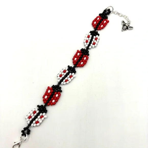 Hand Crafted Beaded Ladybug Bracelet with Bee Charm Red White and Black - Picture 3 of 9